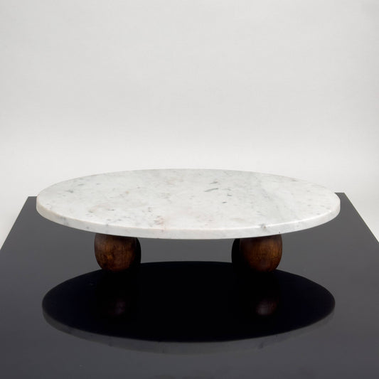 White Marble Cake Stand w/ Wood Feet