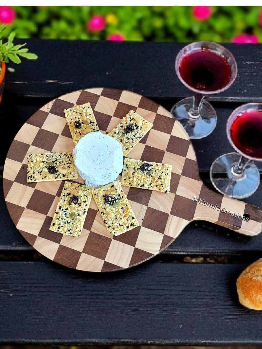 Round Charcuterie Board with Handle. Cheese Serving Board.