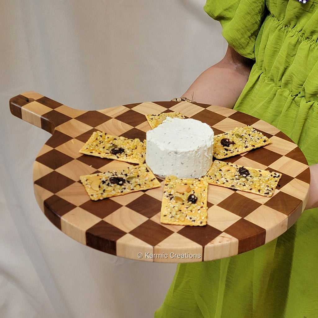 Round Charcuterie Board with Handle. Cheese Serving Board.