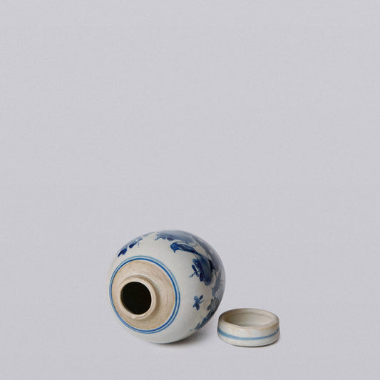 Porcelain Mini Bird and Flower Round Jar - Blue and White