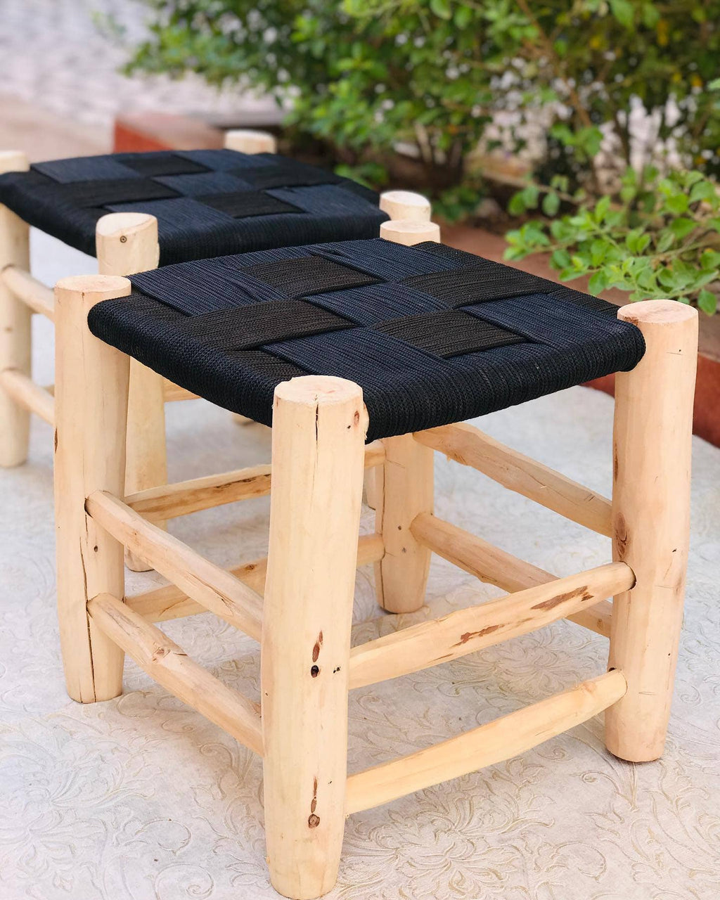 Moroccan Eucalyptus and Woven Leather Stool