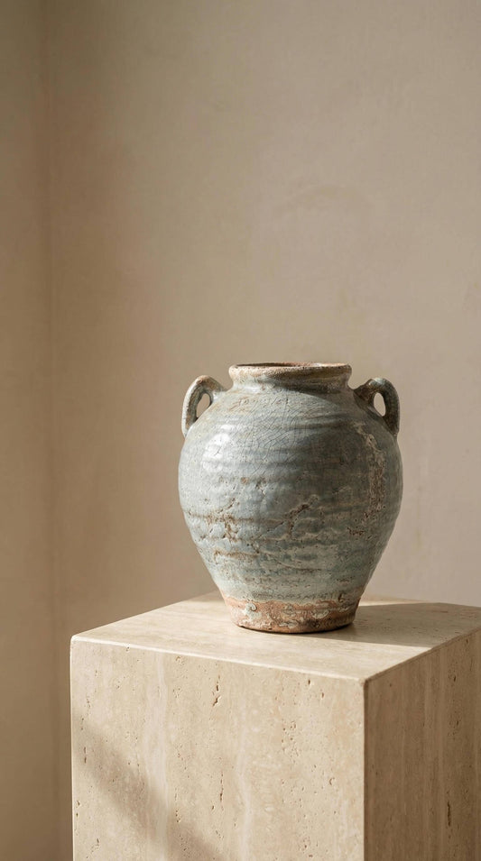 Ceramic Vase, Vintage Style, Blue with Handles - Calista