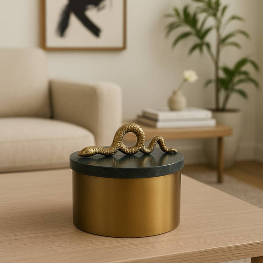 Decorative Box - Gold Metal Round Snake Handle, 5 in.