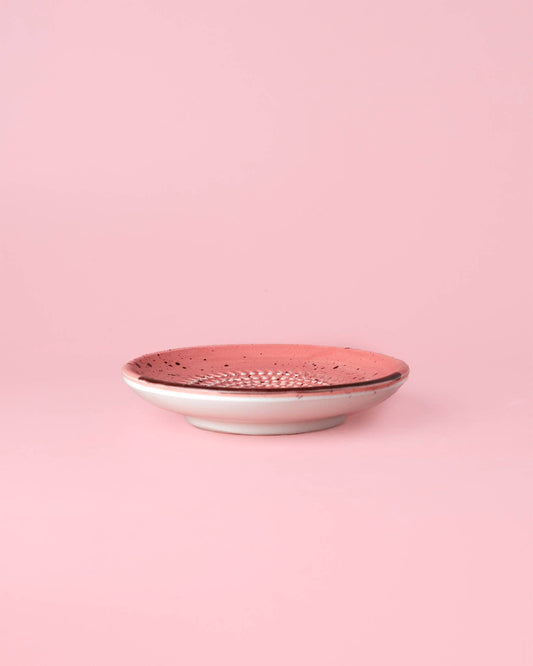 Small Ceramic Garlic Grater Plate - Pink & Chocolate
