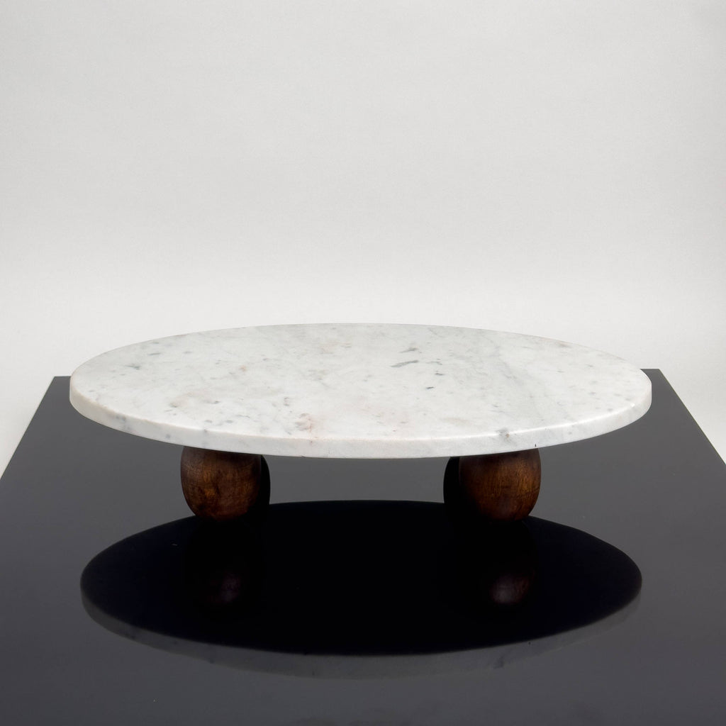White Marble Cake Stand w/ Wood Feet