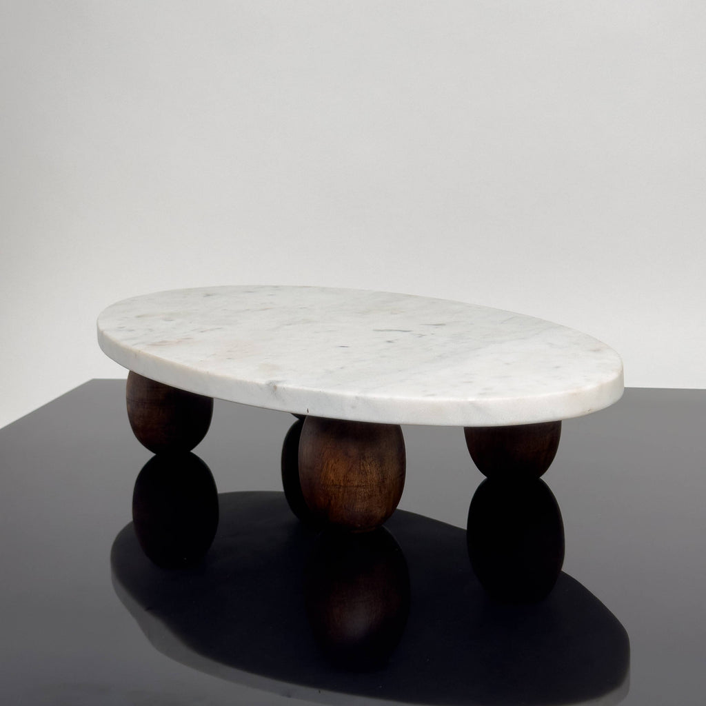 White Marble Cake Stand w/ Wood Feet