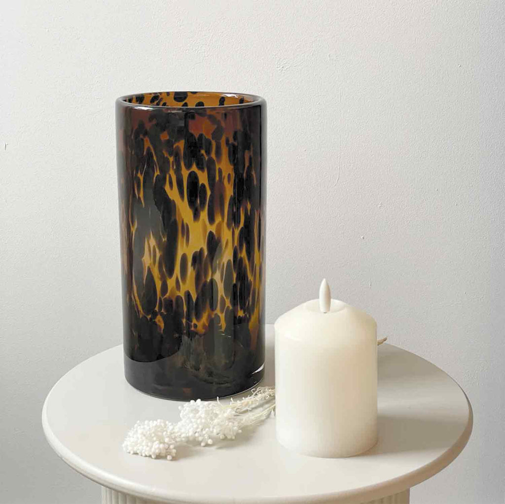 Brown leopard tube vase gm D12 H23cm