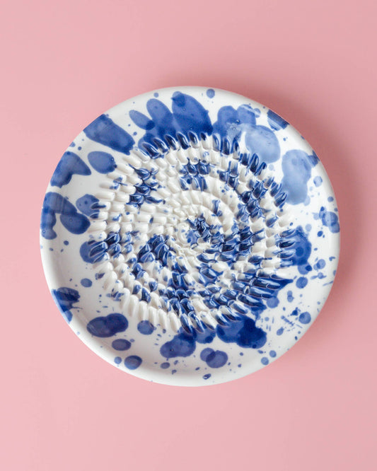 Small Ceramic Garlic Grater Plate - Blue & White - top view