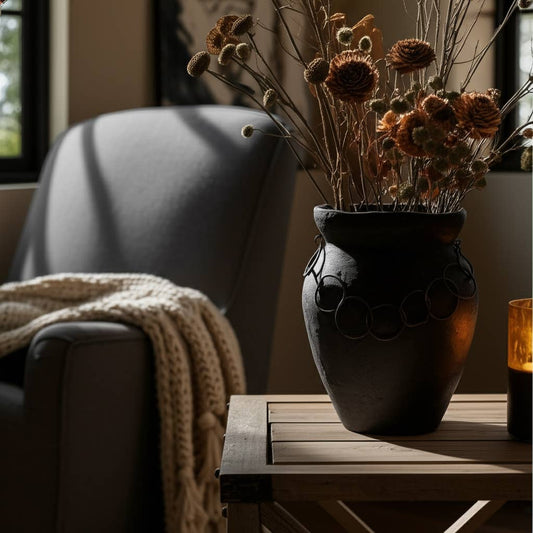 Ceramic Rustic Chain Amphora Vase - Black, 10 in.
