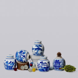 Porcelain Mini Bird and Flower Round Jar - Blue and White