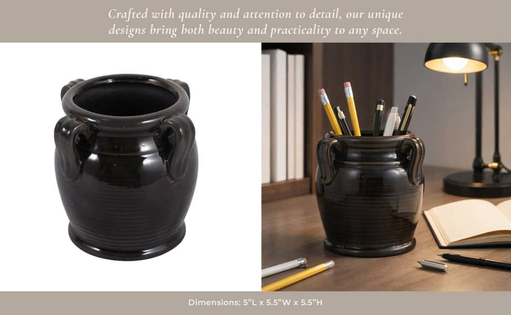 Black Ceramic Pen Holder w/ Handles