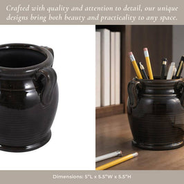 Black Ceramic Pen Holder w/ Handles
