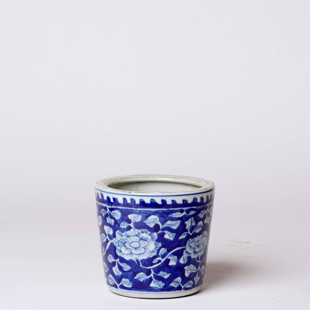 Tiny Dark Blue and White Porcelain Peony Cachepot