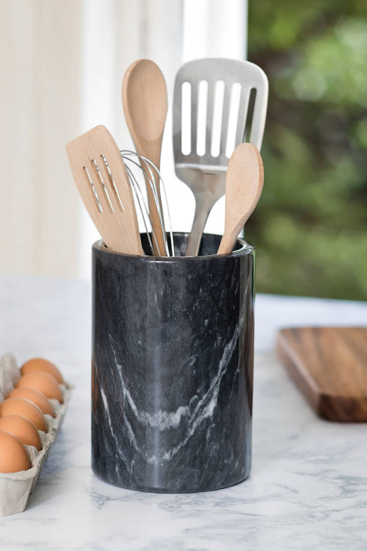 Marble Utensil Holder, Black,  4.75" x 4.75" x 7"