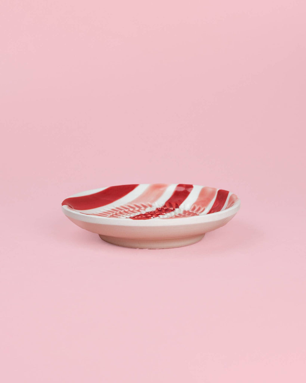 Small Ceramic Garlic Grater Plate - Striped Red, Pink and White - Sweetheart