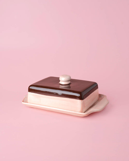 Artisanal Ceramic Butter Dish - Pink & Brown