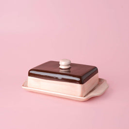 Artisanal Ceramic Butter Dish - Pink & Brown