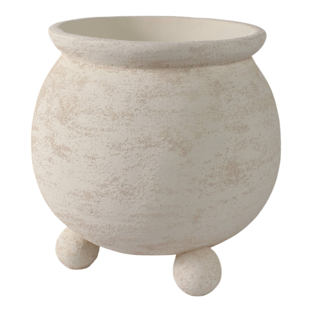 Planter - Ivory Pottery Round Textured On Ball Feet, 9 in.