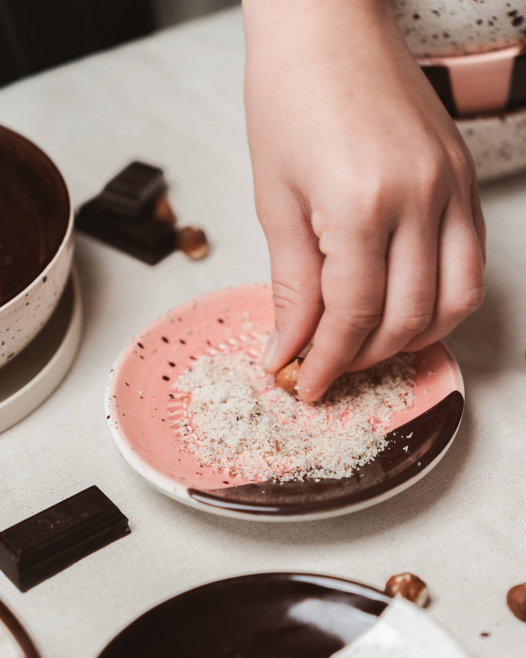 Small Ceramic Garlic Grater Plate - Pink & Chocolate