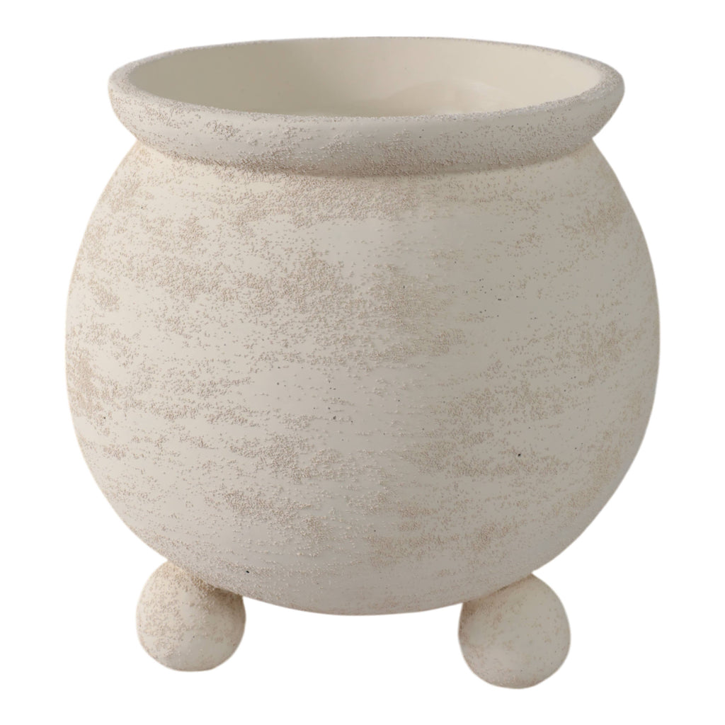 Planter - Ivory Pottery Round Textured On Ball Feet, 9 in.