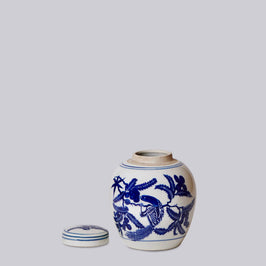Porcelain Bird and Flower Round Jar - White and Blue