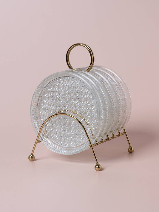 MCM Glass Coasters Metal Caddy Set