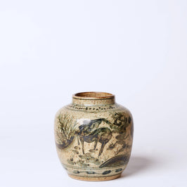 Rustic Porcelain Crane and Deer Small Round Vase