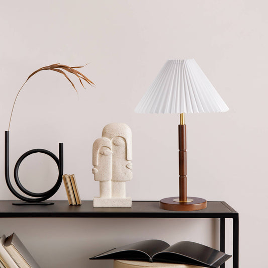 Vintage Walnut and Brass Table Lamp with Fabric Shade