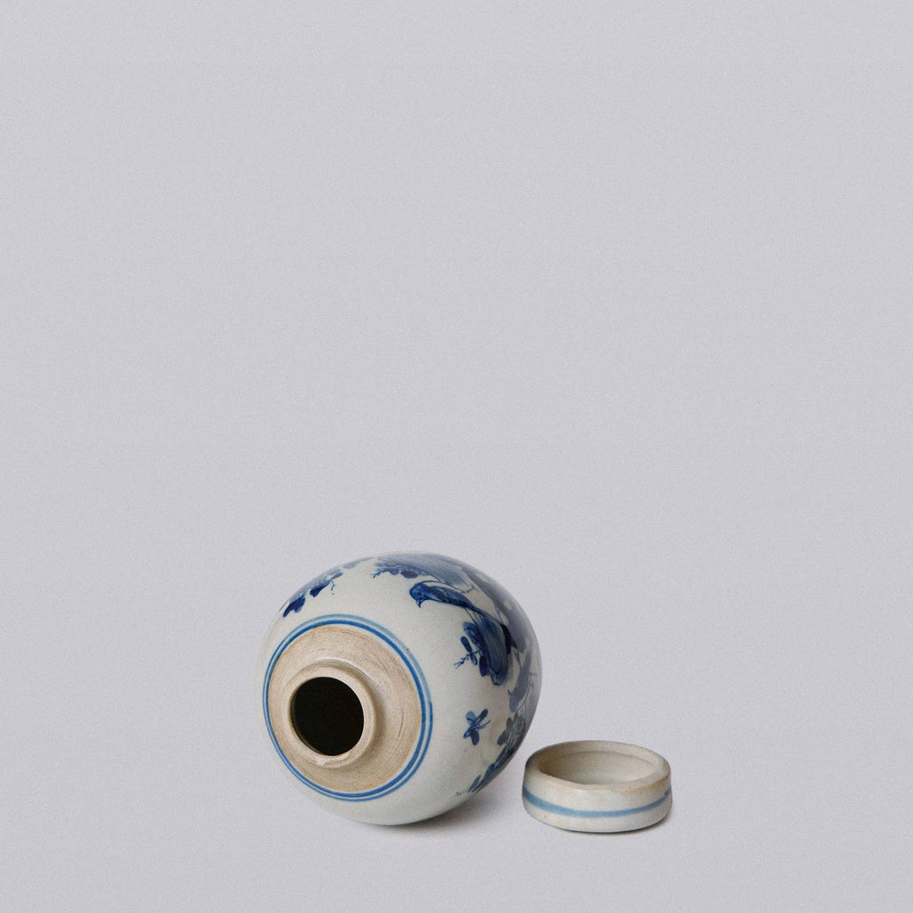 Porcelain Mini Bird and Flower Round Jar - Blue and White