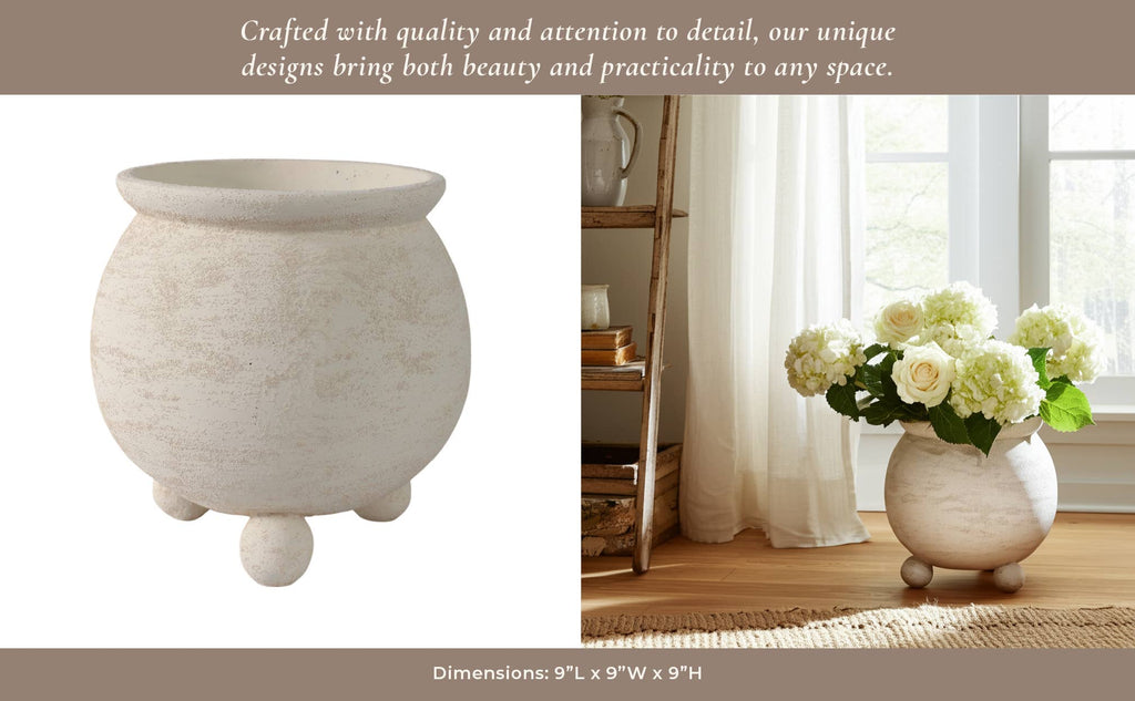 Planter - Ivory Pottery Round Textured On Ball Feet, 9 in.