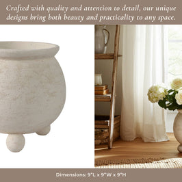 Planter - Ivory Pottery Round Textured On Ball Feet, 9 in.