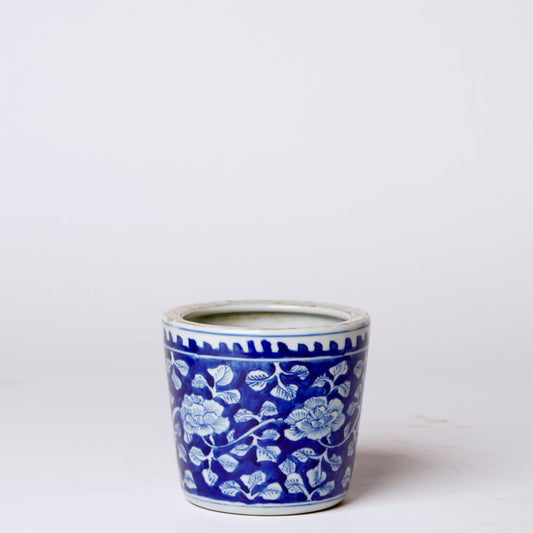 Tiny Dark Blue and White Porcelain Peony Cachepot