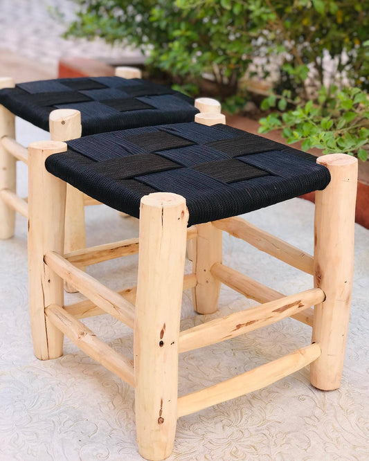 Moroccan Eucalyptus and Woven Leather Stool
