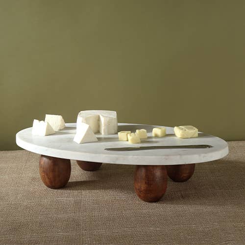 White Marble Cake Stand w/ Wood Feet