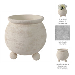 Planter - Ivory Pottery Round Textured On Ball Feet, 9 in.