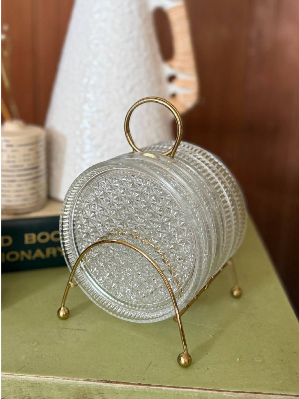 MCM Glass Coasters Metal Caddy Set