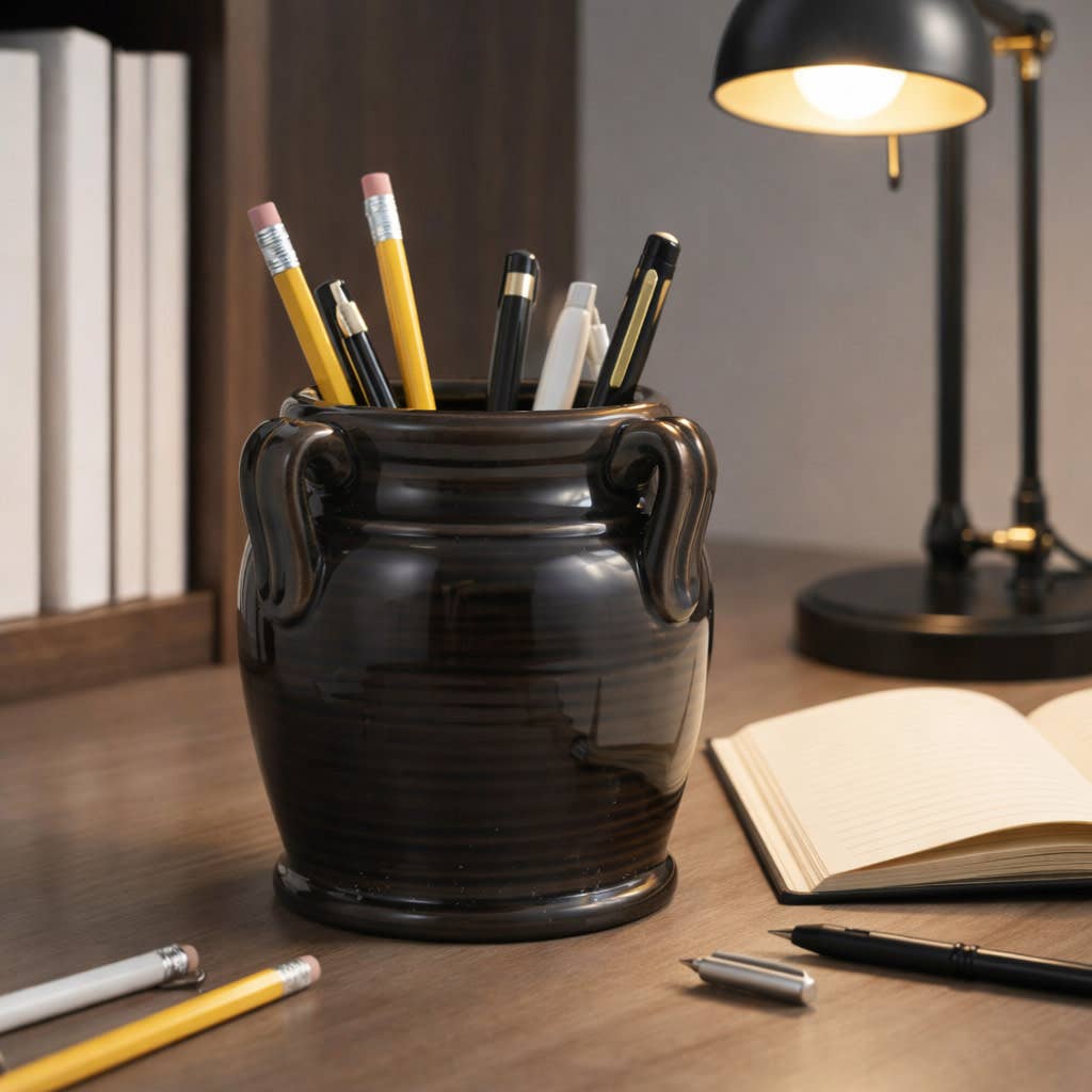 Black Ceramic Pen Holder w/ Handles