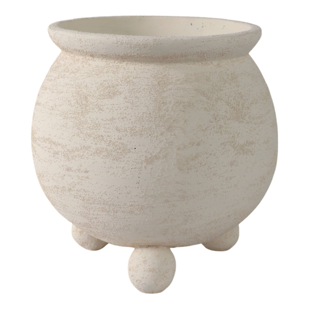Planter - Ivory Pottery Round Textured On Ball Feet, 9 in.