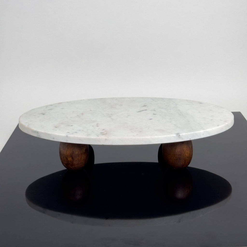 White Marble Cake Stand w/ Wood Feet