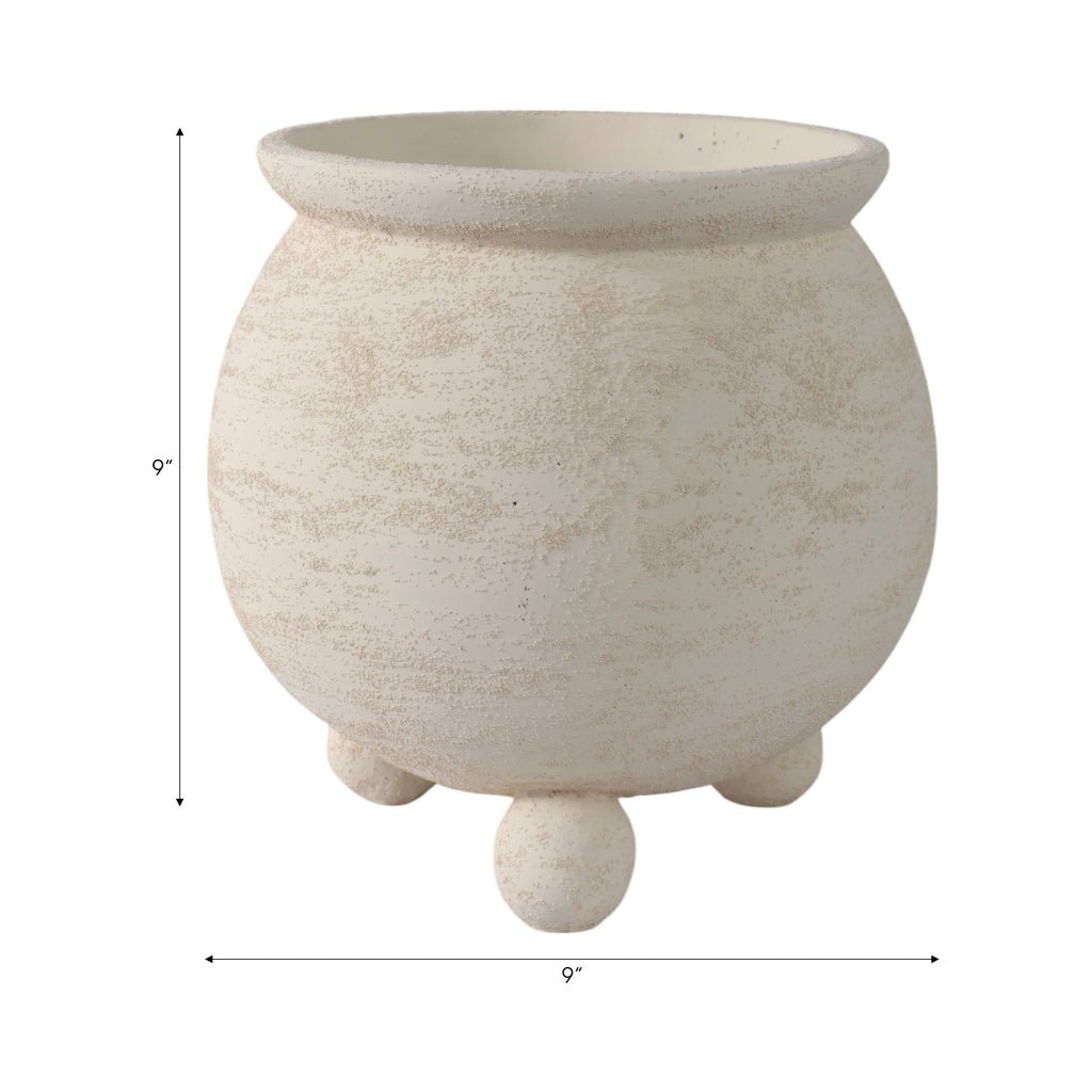 Planter - Ivory Pottery Round Textured On Ball Feet, 9 in.