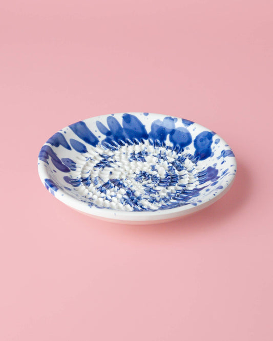 Small Ceramic Garlic Grater Plate - Blue & White - side view