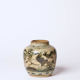 Rustic Porcelain Crane and Deer Small Round Vase