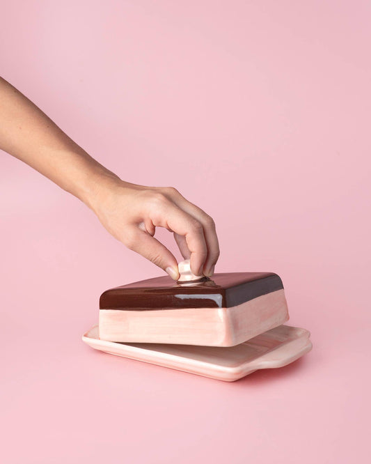Artisanal Ceramic Butter Dish – Pink & Brown / CHOCOLATE