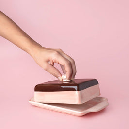 Artisanal Ceramic Butter Dish - Pink & Brown