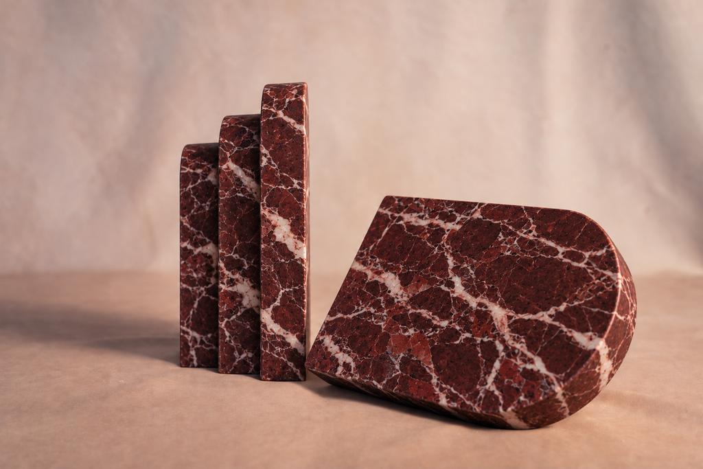 Red Marble 3-Tiered Arch Book Ends (Set of 2) - Natural stone pattern