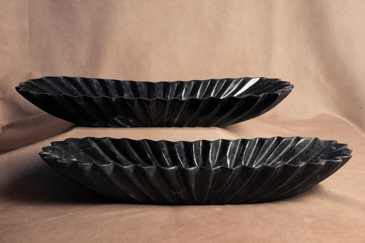 Oblong Fluted Bowl - Jet Black Marble