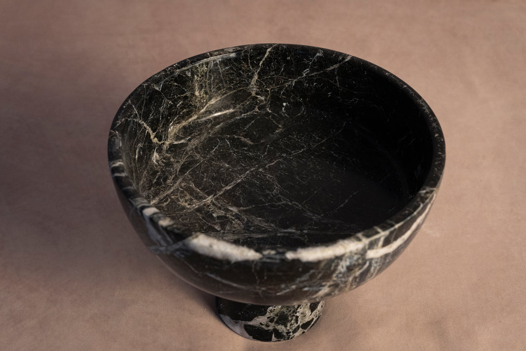 Pedestal Bowl - Black Zebra Marble