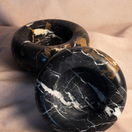 Bespoke Donut Bowl - Black & Gold Marble - pair displayed together