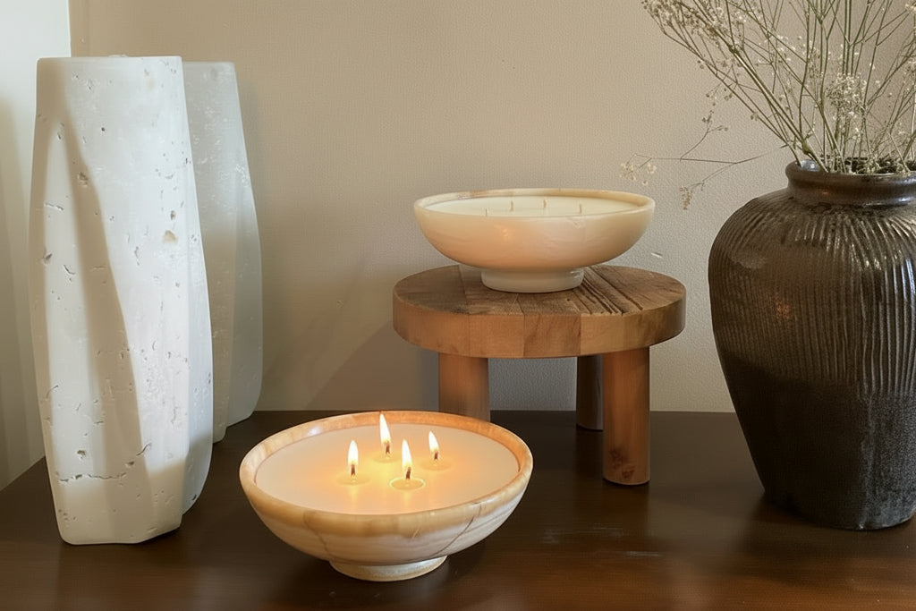 Decorative setting with ceramic bowls and vases on a wooden surface.