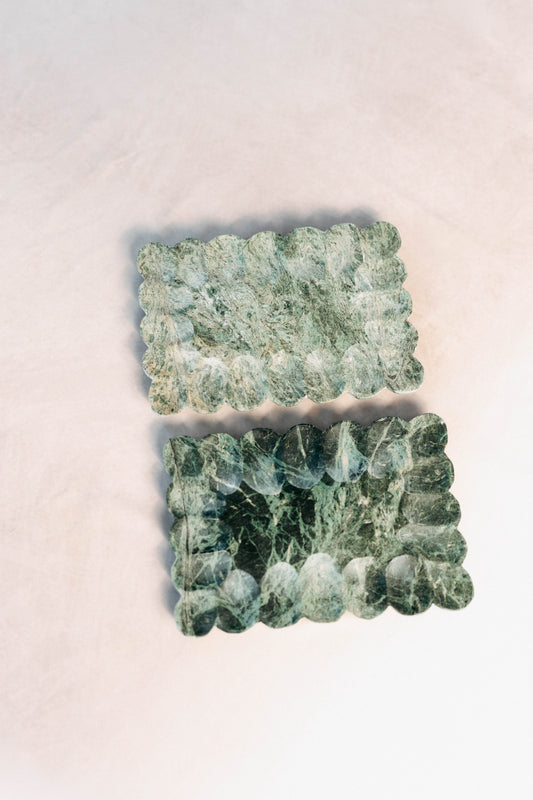 Green Marble Pebbled Edge Tray - pair displayed together